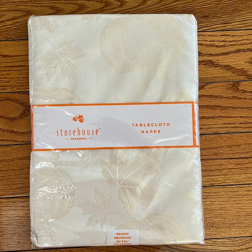 Storehouse Seasonal (Fall) Oblong 60”x84” Ivory Tablecloth w/ Pumpkins & Leaves